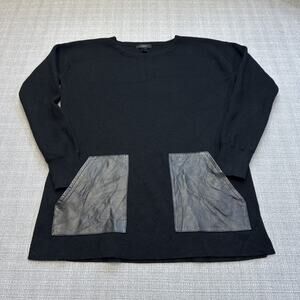 J Crew Sweater Womens Small Black Merino Wool Faux Leather Pocket Tunic Pullover